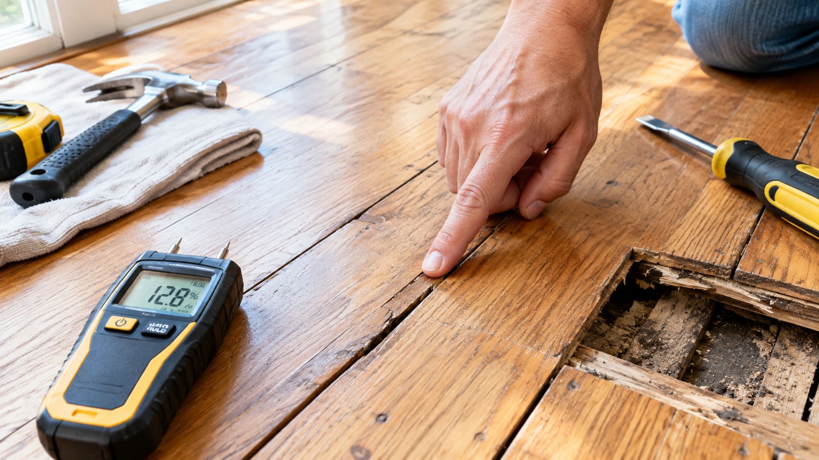 En person inspicerer skader på et gammelt trægulv med en fugtmåler og værktøj til gulvrenovering i et hus.