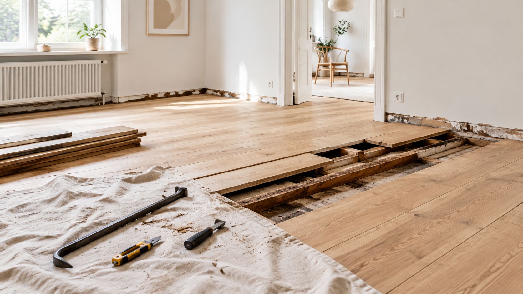 Et lyst trægulv under renovering med værktøj som et brækjern og en kniv placeret på et dækken.
