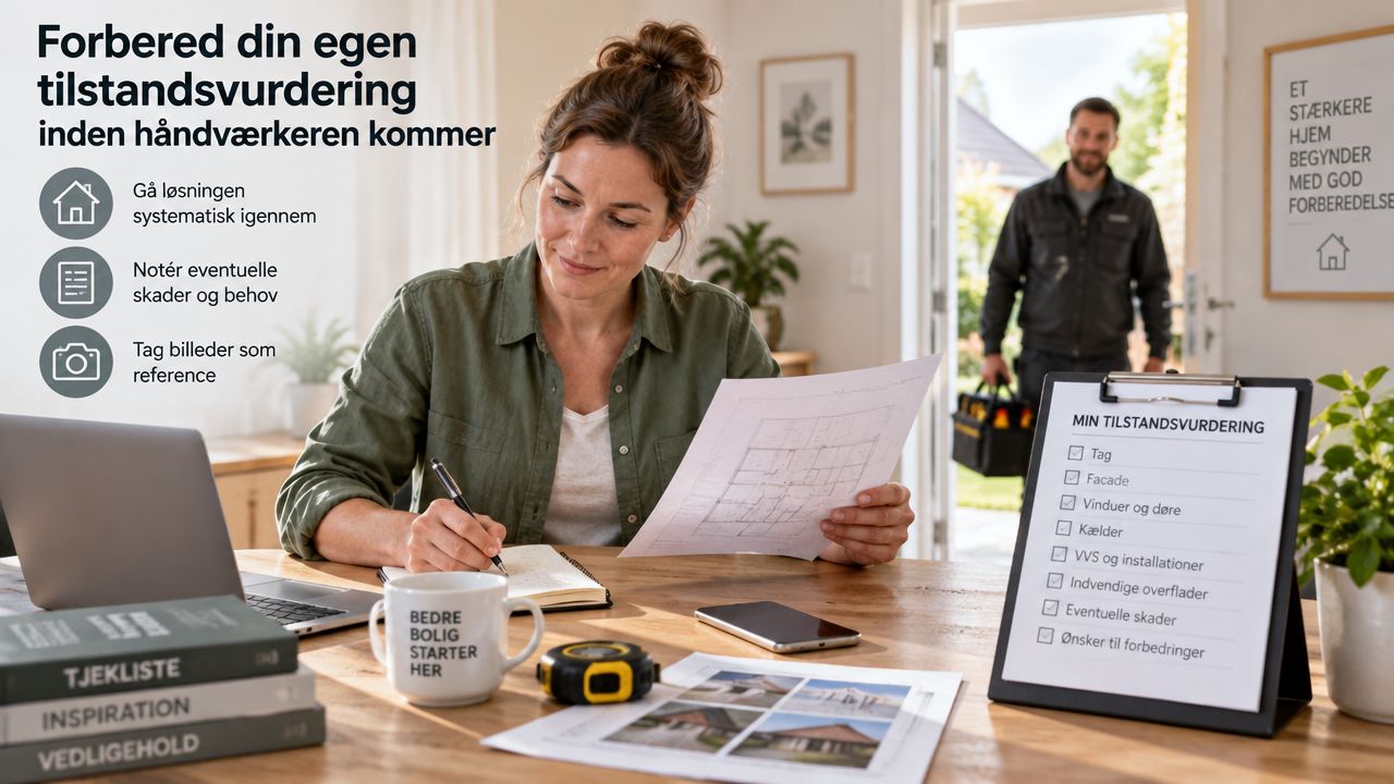 En kvinde forbereder en bolig tilstandsvurdering ved et skrivebord, mens en håndværker ankommer i baggrunden.