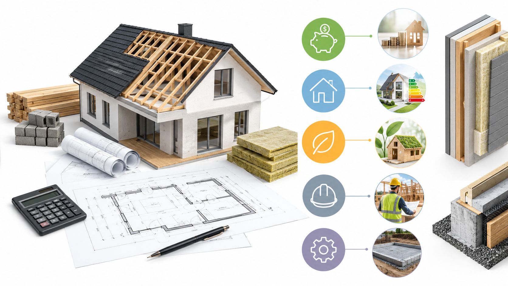 En model af et hus med arkitekttegninger, isolering og byggeelementer til planlægning af en energieffektiv bolig.