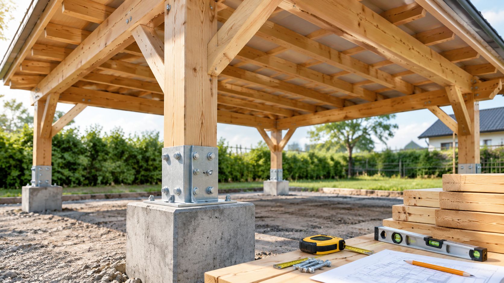 En u færdig træ-carport under konstruktion med synlige betonfundamenter, måleværktøj og byggetegninger på en arbejdsflade.