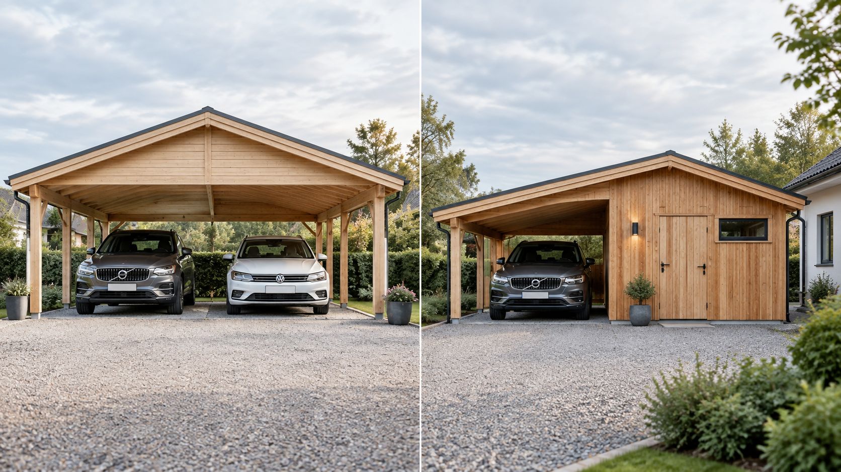 To forskellige moderne carporte i træ placeret på en grusindkørsel med biler parkeret under dem.