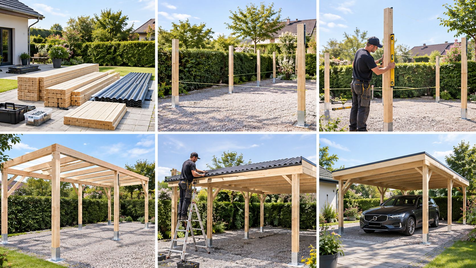 En serie af billeder der viser opbygningen af en carport i træ, fra materialer til det færdige resultat.