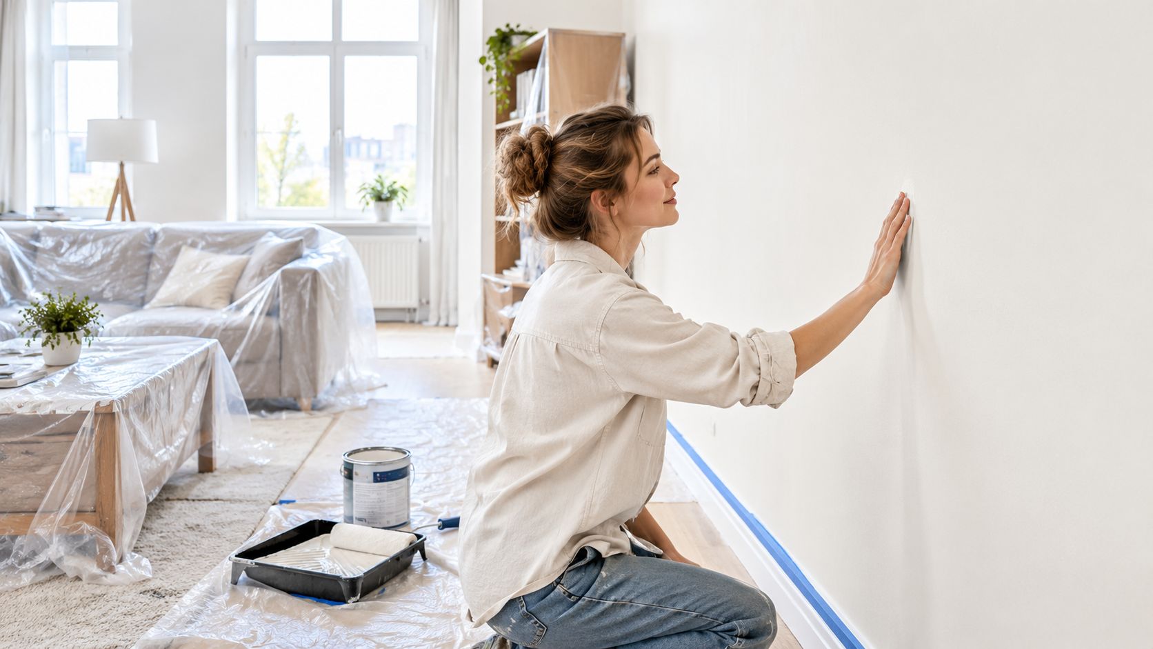En person der forsigtigt mærker efter på en nymalet væg i en lys stue under renovering