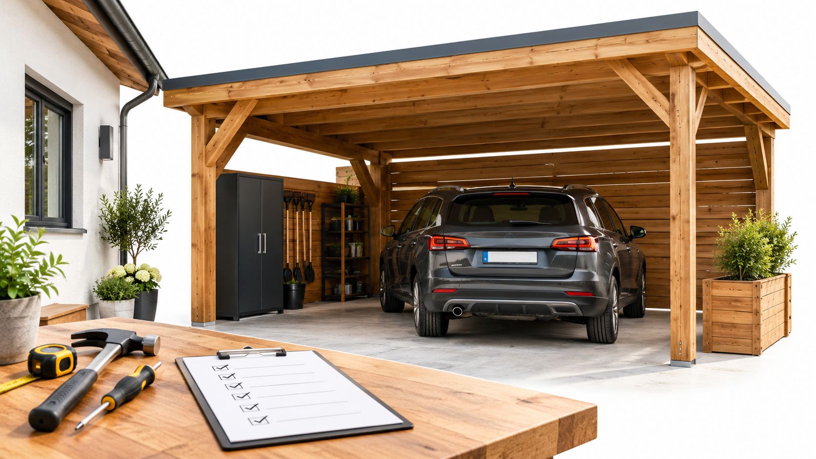 En carport af træ ved siden af et hus med værktøj og tjekliste i forgrunden.