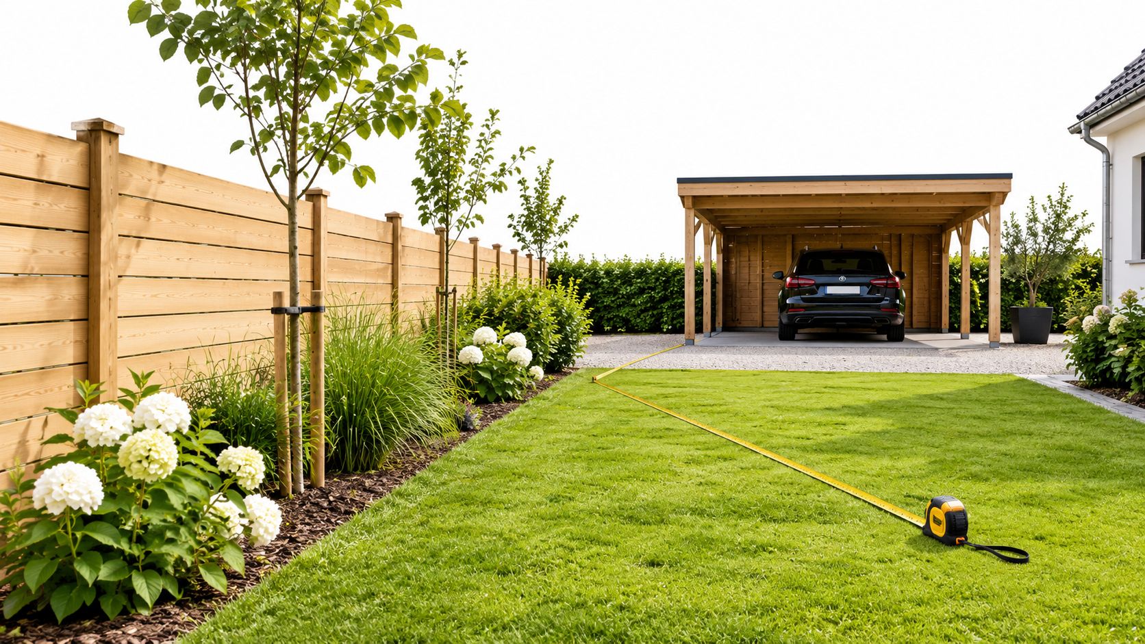 Et moderne træcarport og en velholdt have med et målebånd placeret på den grønne græsplæne.