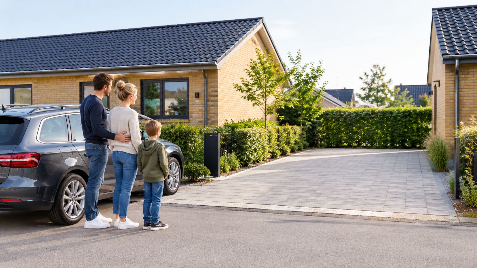 En familie står ved deres bil og kigger mod et hus og en ledig plads til carport.