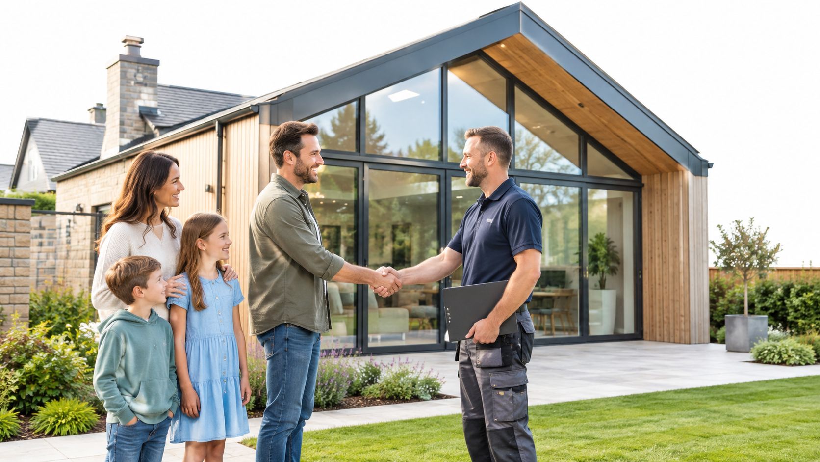 En glad familie hilser på en professionel håndværker foran deres moderne hus med store vinduespartier.
