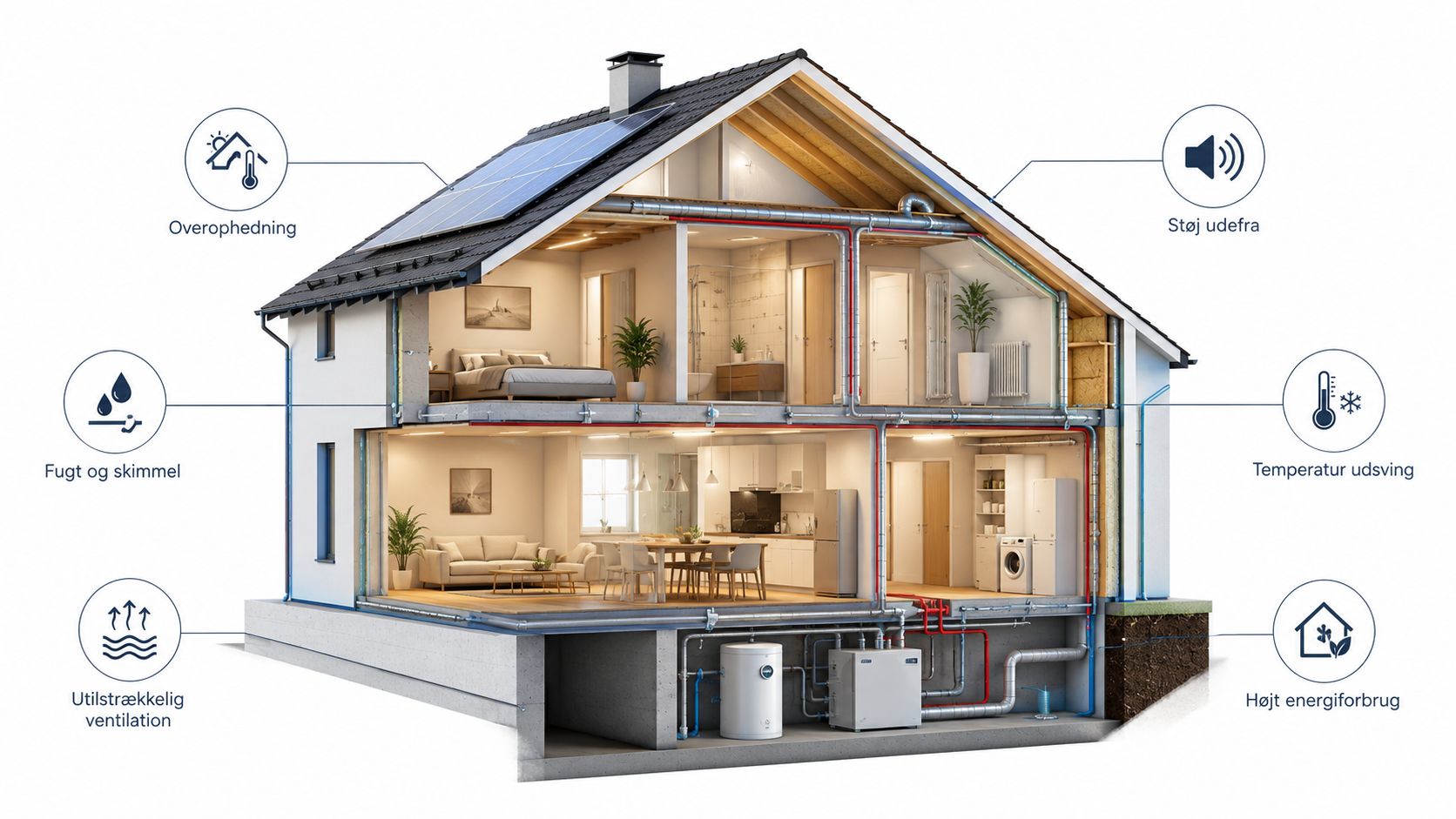 Tværsnit af et hus der illustrerer almindelige problemer med indeklima og behovet for boligrenovering.