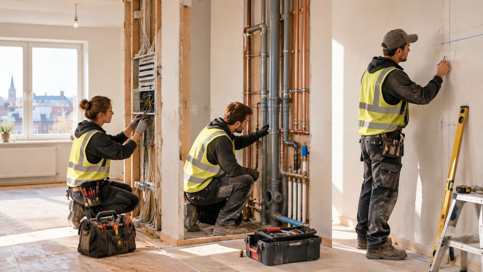 Tre byggearbejdere i refleksveste arbejder med el, VVS og opmåling i en lejlighed under totalrenovering.