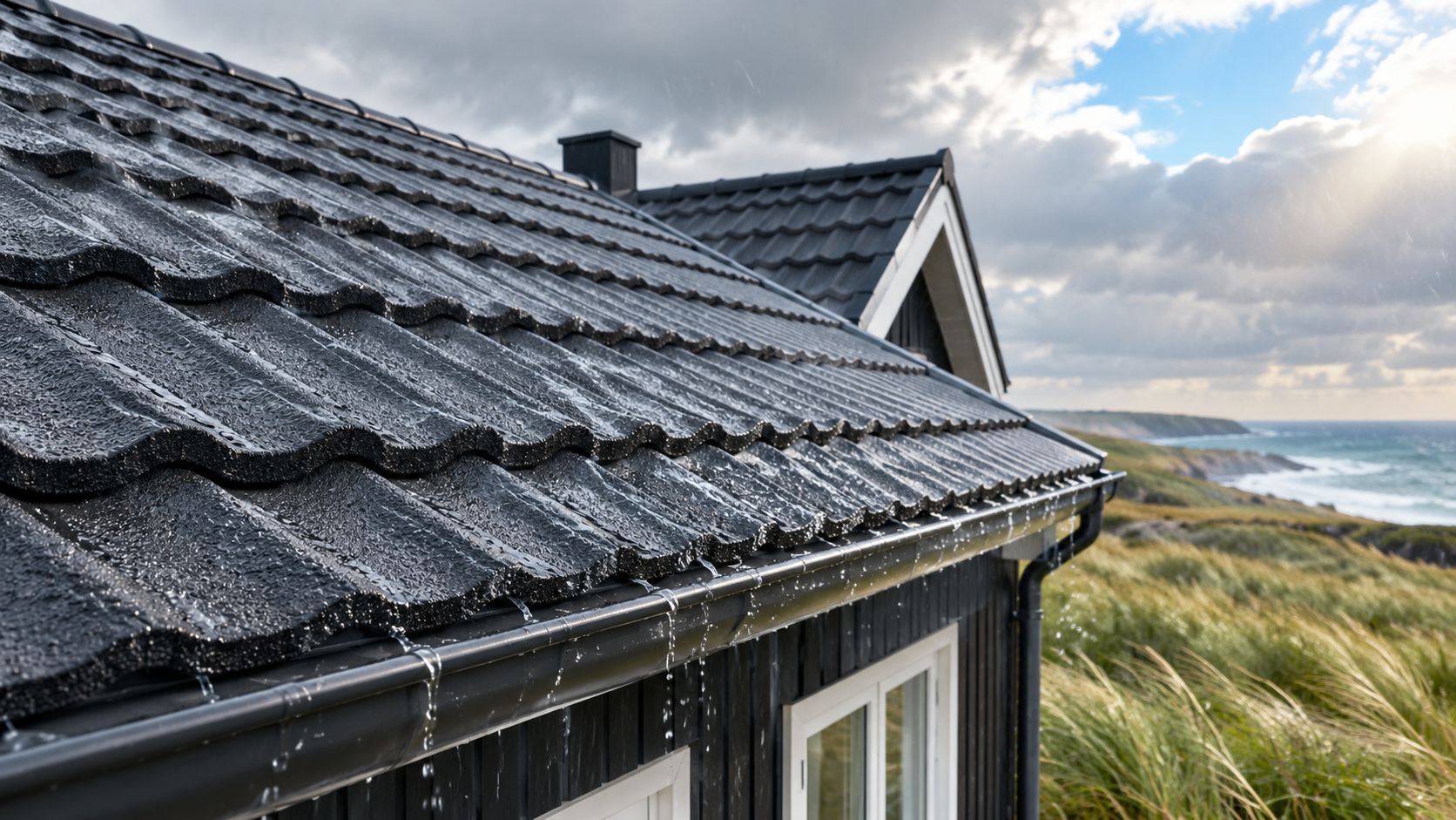 Sort tegltag med regnvand der løber ned i en tagrende på et sommerhus ved kysten.
