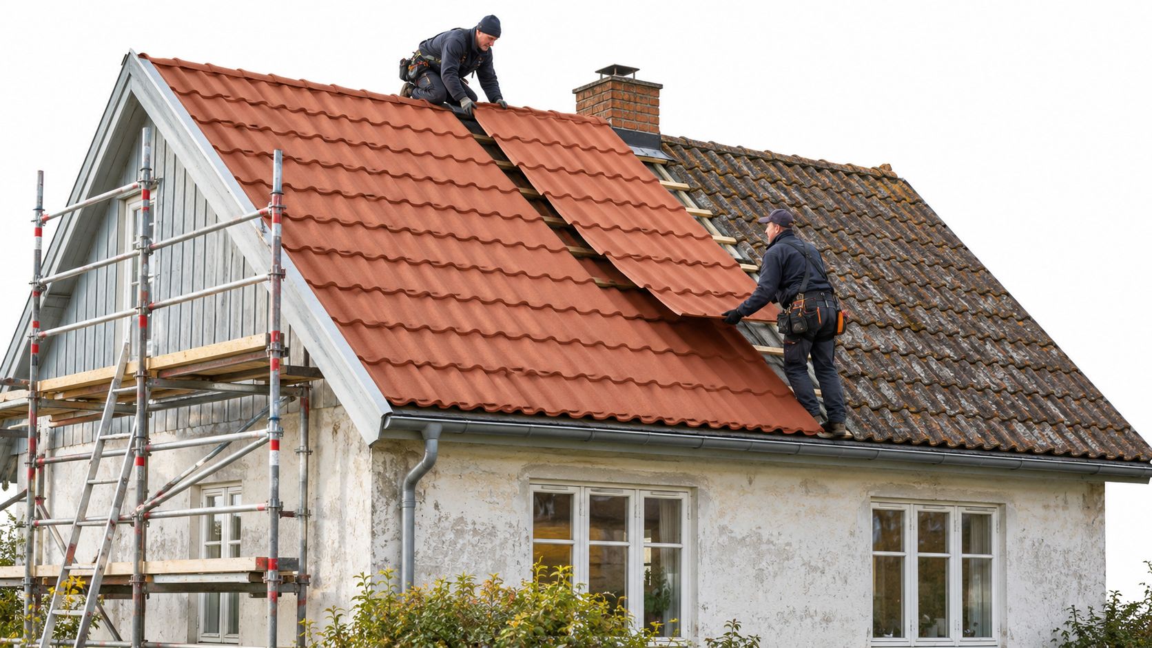 To håndværkere er i gang med at lægge et nyt rødt Decra tag på et ældre hus.