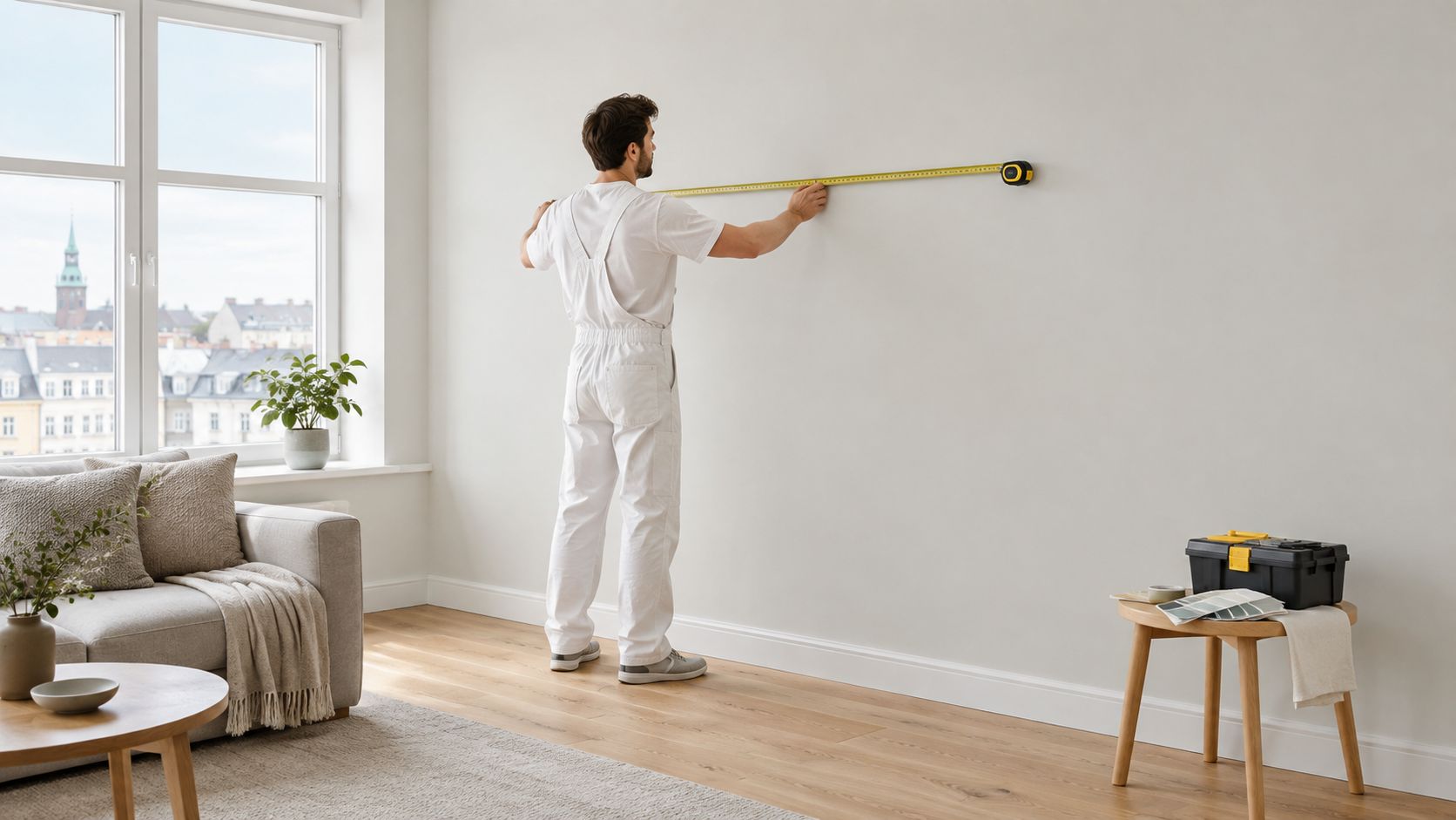 En professionel maler i hvidt arbejdstøj måler en hvid væg med et målebånd i en moderne stue.