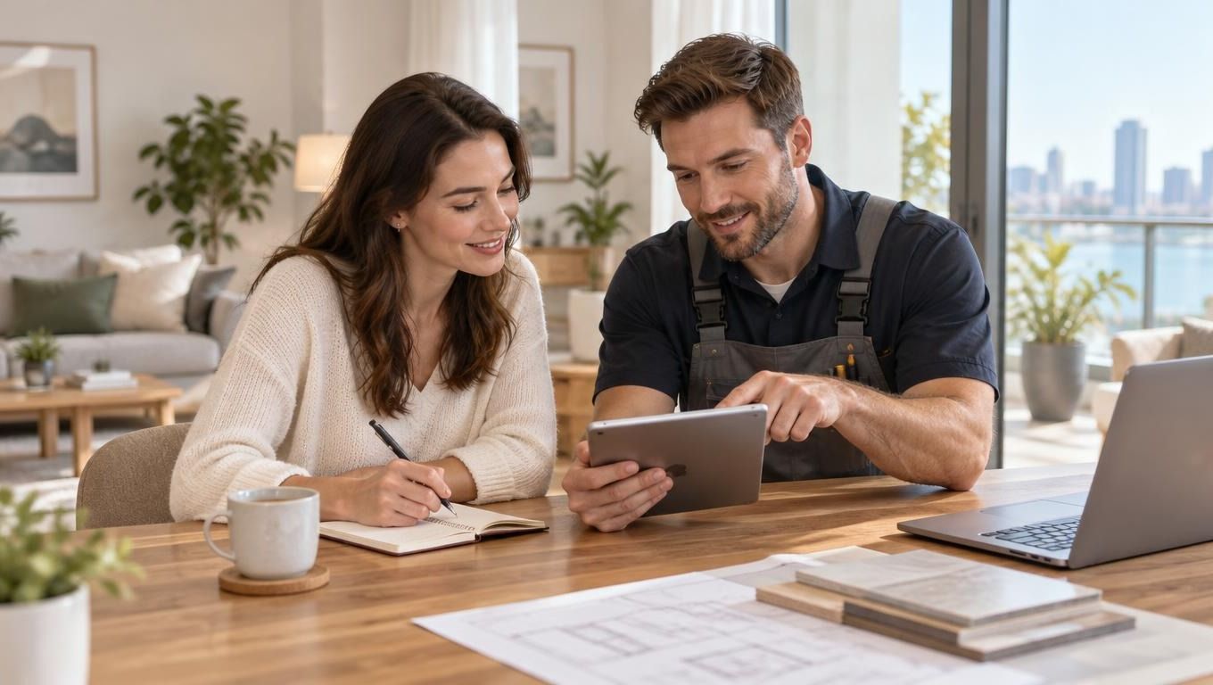 En kvinde og en mandlig håndværker gennemgår byggeplaner på en tablet ved et bord i et hjem.