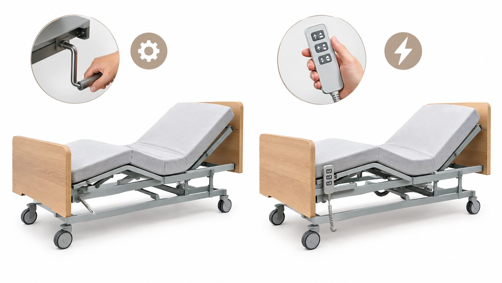To sygeplejesenge, en manuel med håndsving og en elektrisk seng med fjernbetjening til plejehjem og hospitaler.