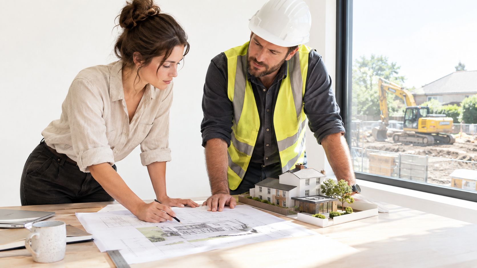 Arkitekt og entreprenør gennemgår byggetegninger og en husmodel i et lyst kontor med byggeplads i baggrunden.